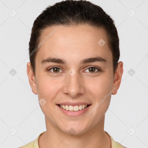 Joyful white young-adult female with short  brown hair and brown eyes