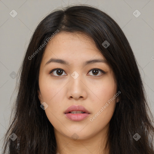 Neutral asian young-adult female with long  brown hair and brown eyes