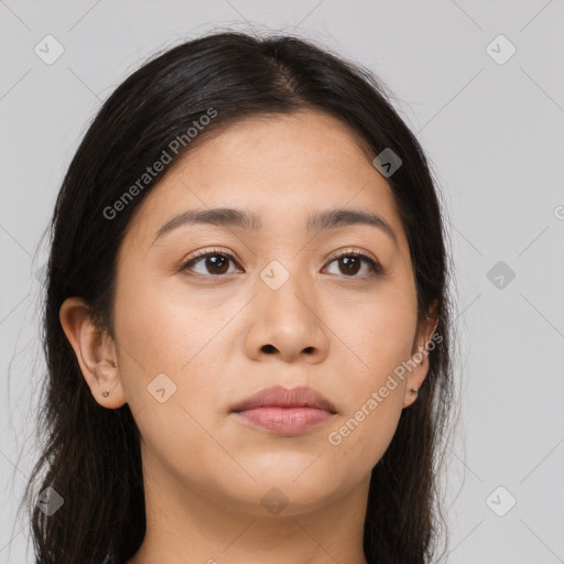 Joyful asian young-adult female with long  brown hair and brown eyes