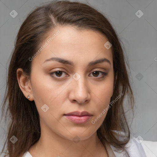 Neutral white young-adult female with medium  brown hair and brown eyes