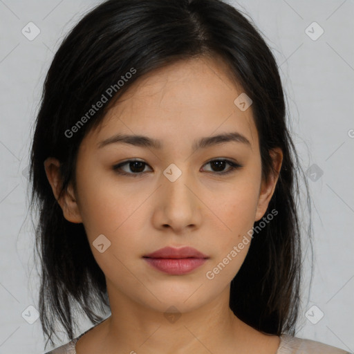 Neutral asian young-adult female with medium  brown hair and brown eyes