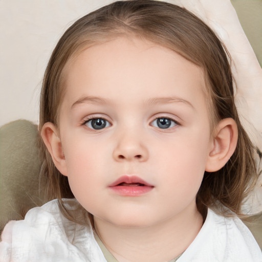 Neutral white child female with medium  brown hair and blue eyes