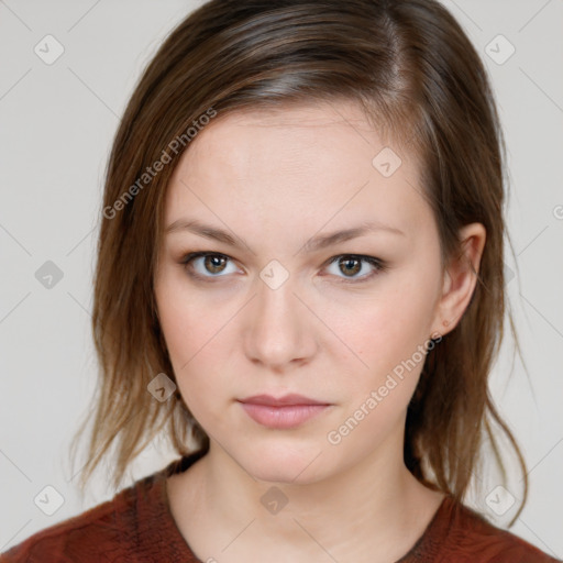 Neutral white young-adult female with medium  brown hair and grey eyes