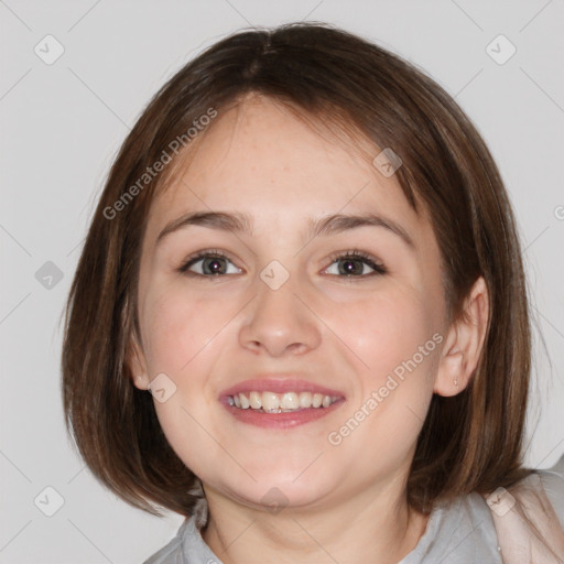 Joyful white young-adult female with medium  brown hair and blue eyes