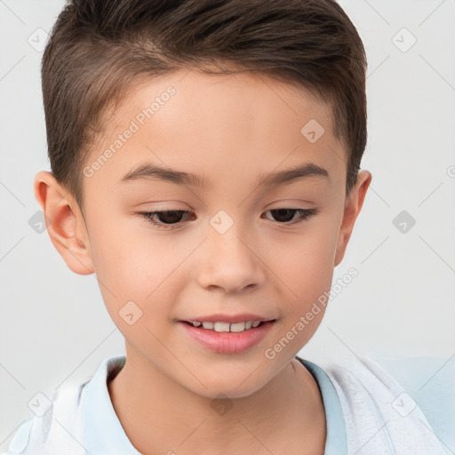 Joyful white child female with short  brown hair and brown eyes