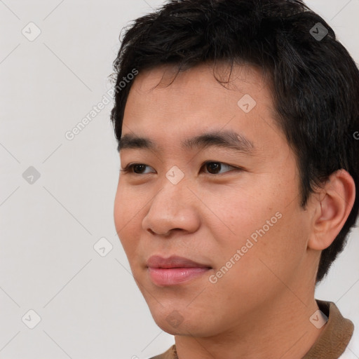 Neutral asian young-adult male with short  black hair and brown eyes