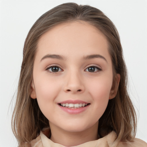 Joyful white child female with medium  brown hair and grey eyes