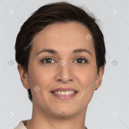 Joyful white young-adult female with short  brown hair and brown eyes