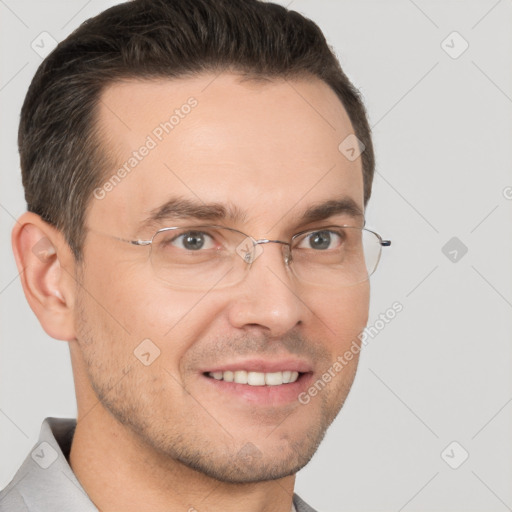 Joyful white adult male with short  brown hair and brown eyes