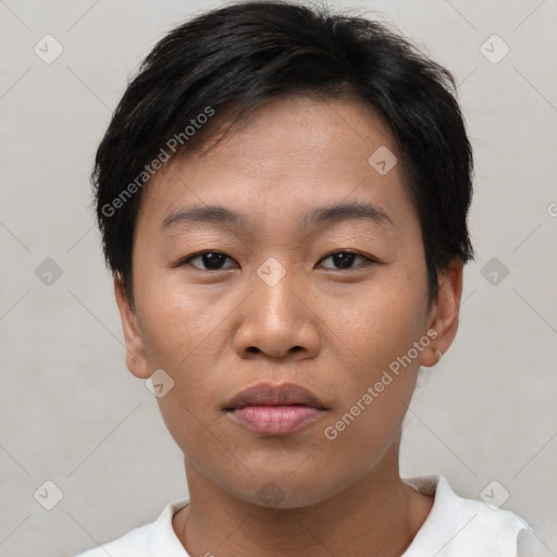 Joyful asian young-adult female with short  brown hair and brown eyes