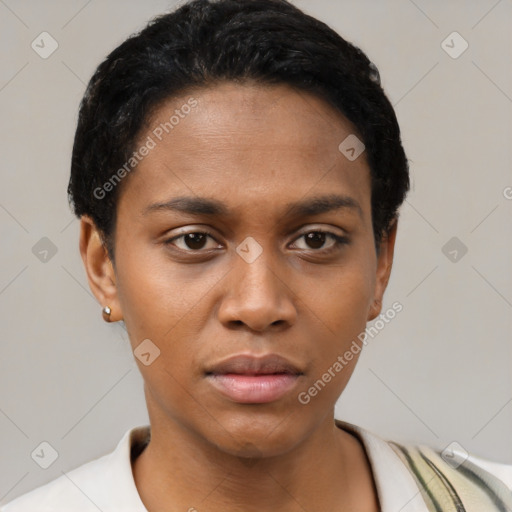 Neutral black young-adult female with short  black hair and brown eyes