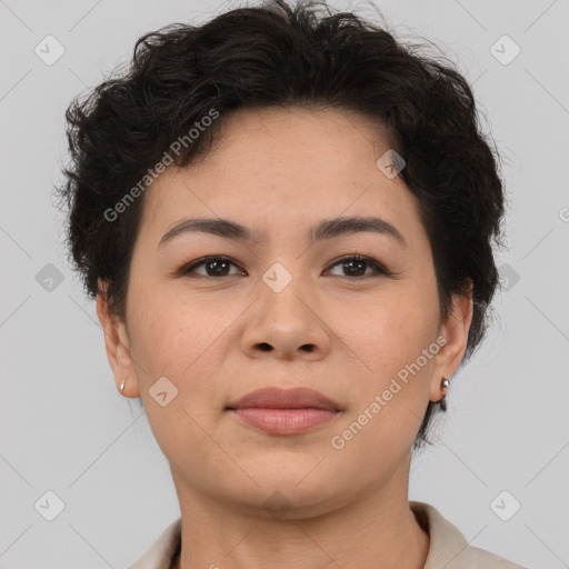 Joyful asian young-adult female with short  brown hair and brown eyes