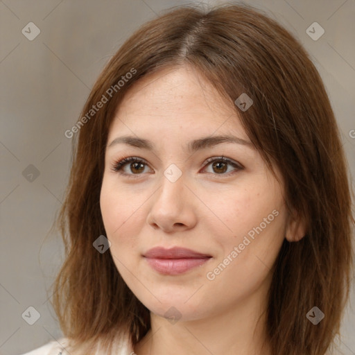 Neutral white young-adult female with medium  brown hair and brown eyes