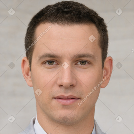 Neutral white young-adult male with short  brown hair and brown eyes