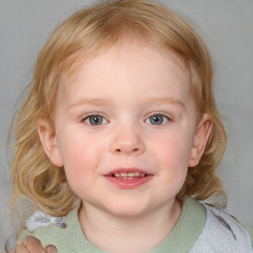 Joyful white child female with medium  brown hair and blue eyes