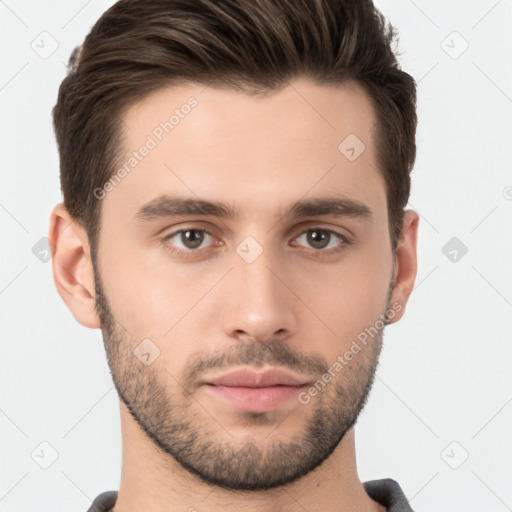 Neutral white young-adult male with short  brown hair and brown eyes