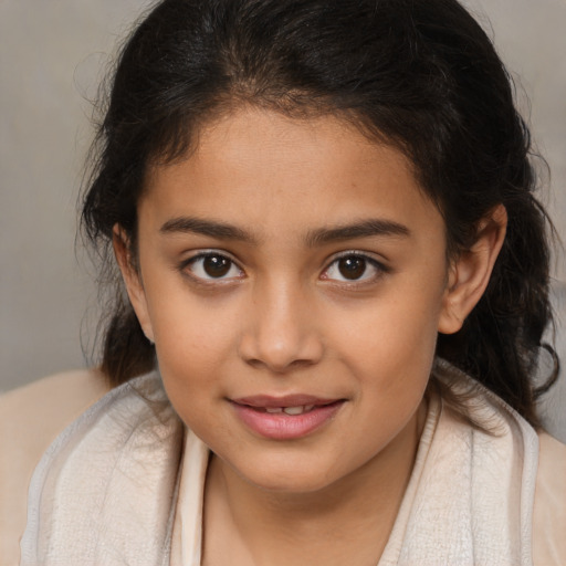 Joyful white child female with medium  brown hair and brown eyes