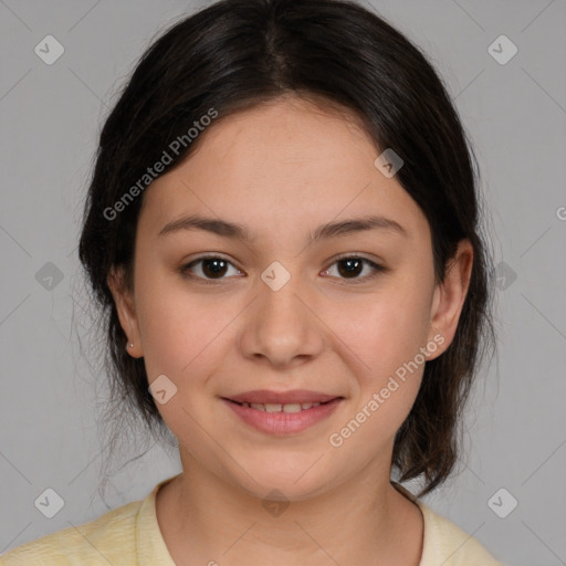 Joyful white young-adult female with medium  brown hair and brown eyes