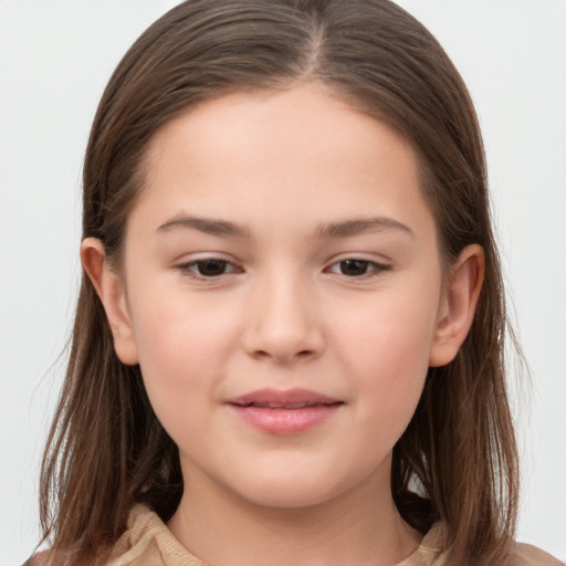 Joyful white child female with long  brown hair and brown eyes