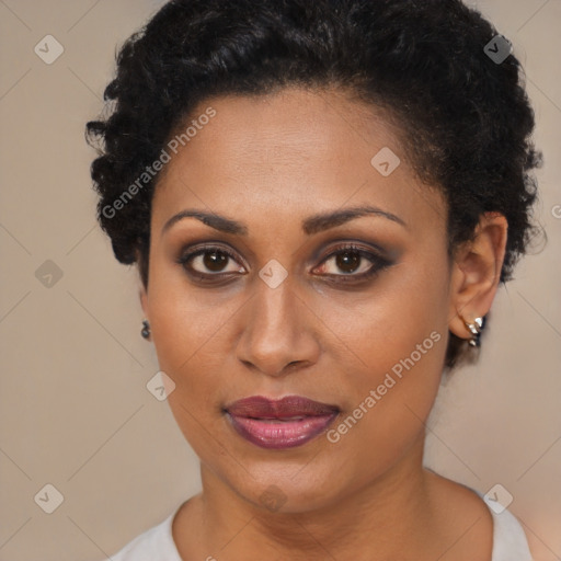 Joyful latino young-adult female with short  brown hair and brown eyes