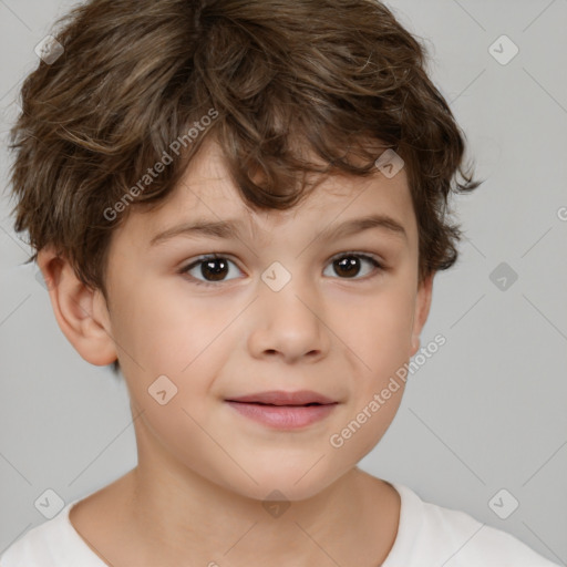 Joyful white child female with short  brown hair and brown eyes