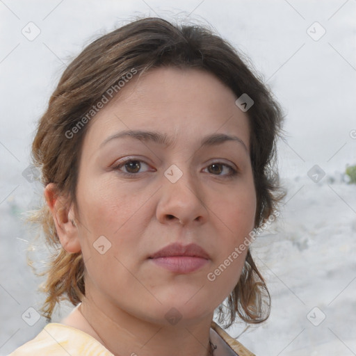 Neutral white adult female with medium  brown hair and brown eyes