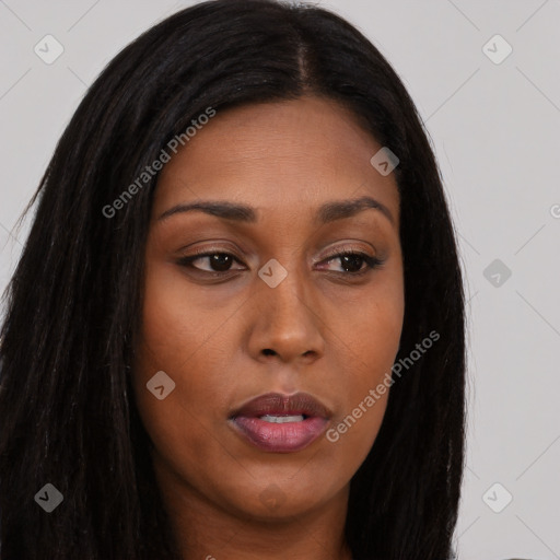 Joyful asian young-adult female with long  brown hair and brown eyes