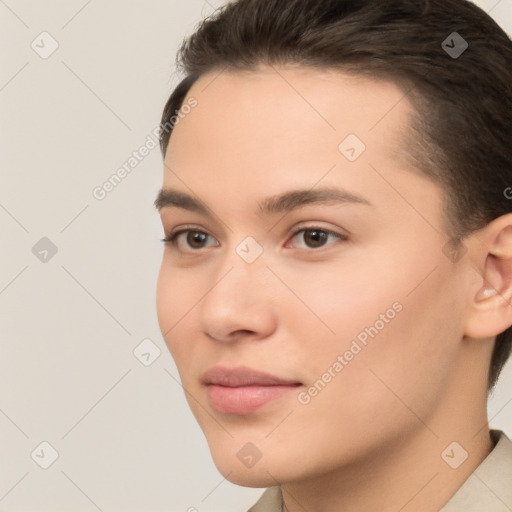 Neutral white young-adult female with short  brown hair and brown eyes