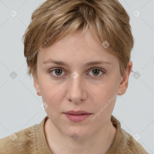 Neutral white young-adult female with short  brown hair and grey eyes