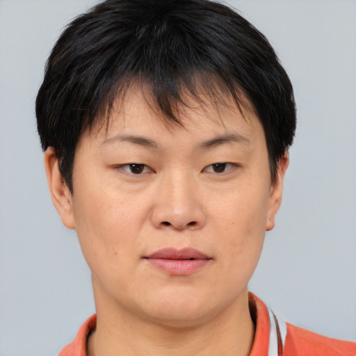 Neutral asian young-adult female with short  brown hair and brown eyes