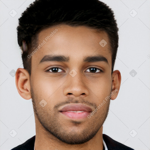 Neutral latino young-adult male with short  black hair and brown eyes