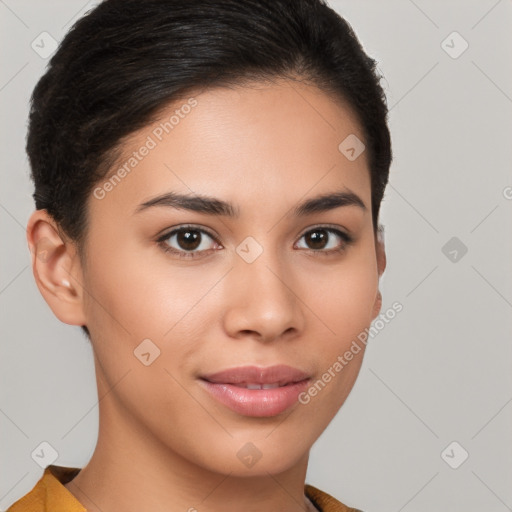 Joyful latino young-adult female with short  brown hair and brown eyes