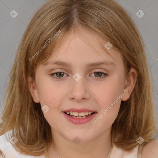 Joyful white child female with medium  brown hair and brown eyes