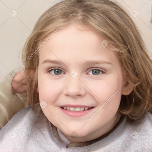 Joyful white child female with medium  brown hair and grey eyes