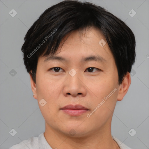 Joyful asian young-adult male with short  brown hair and brown eyes