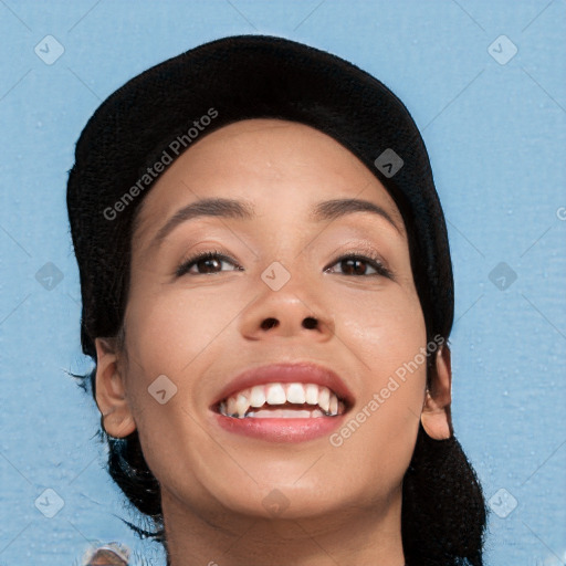 Joyful white young-adult female with short  black hair and brown eyes