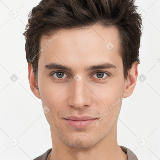 Neutral white young-adult male with short  brown hair and brown eyes