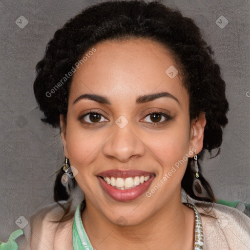 Joyful white young-adult female with long  black hair and brown eyes