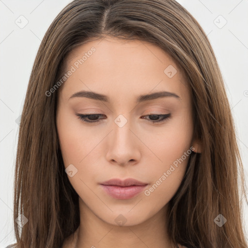 Neutral white young-adult female with long  brown hair and brown eyes