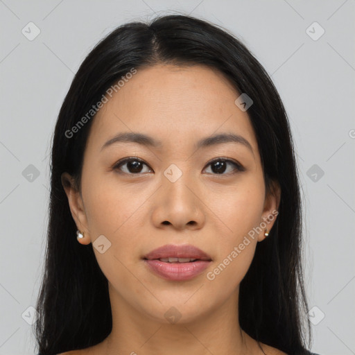 Joyful asian young-adult female with medium  black hair and brown eyes