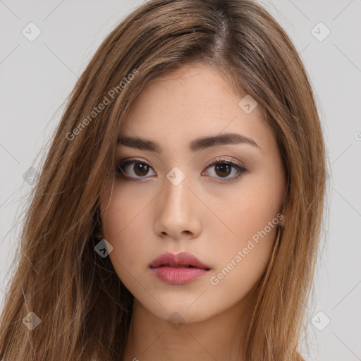 Neutral white young-adult female with long  brown hair and brown eyes