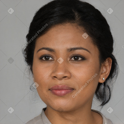 Joyful latino young-adult female with medium  brown hair and brown eyes