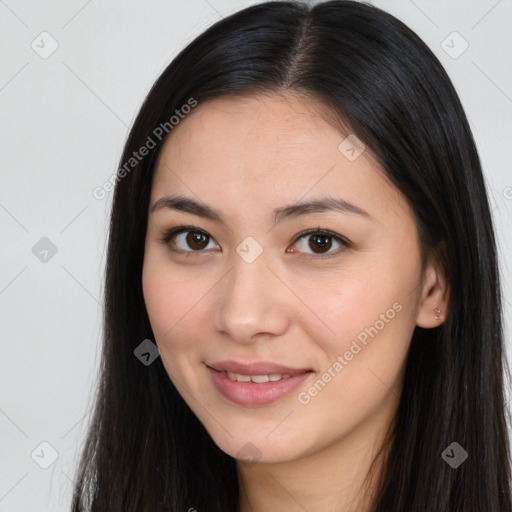 Joyful white young-adult female with long  brown hair and brown eyes