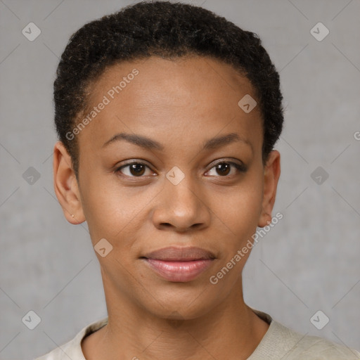 Joyful black young-adult female with short  brown hair and brown eyes