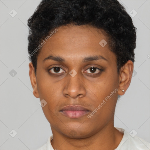 Neutral latino young-adult female with short  black hair and brown eyes