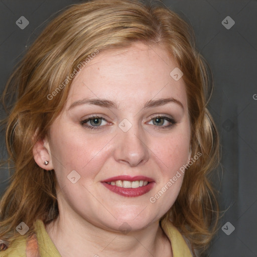 Joyful white young-adult female with medium  brown hair and blue eyes