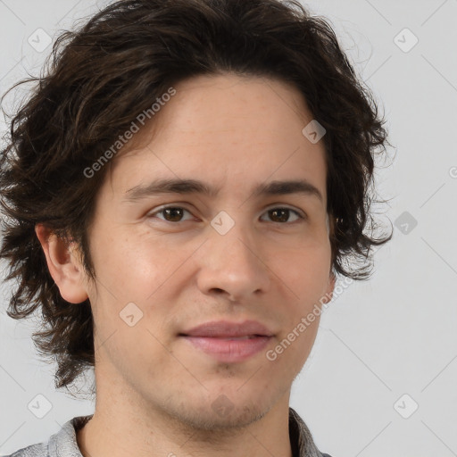 Joyful white young-adult male with medium  brown hair and brown eyes