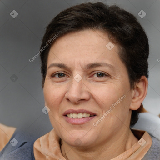 Joyful white adult female with short  brown hair and brown eyes