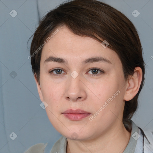 Neutral white young-adult female with medium  brown hair and brown eyes