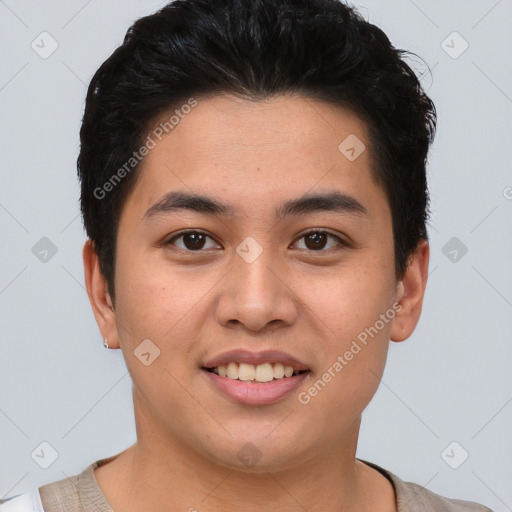 Joyful asian young-adult male with short  brown hair and brown eyes